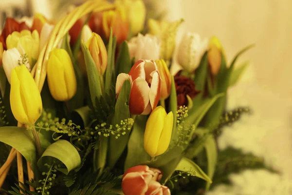 Spring flowers banner - a bouquet of multi-colored tulips on a beige background