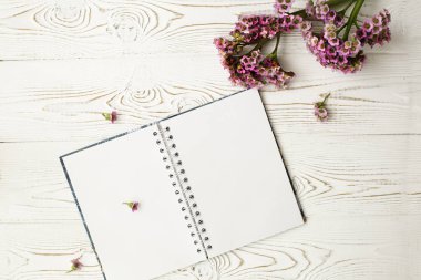 Boş günlük Beyaz ahşap bir masa üzerinde metin ve pembe çiçek için. Düz tasarım