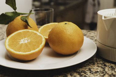 Taze sıkılmış portakal suyu ve bütün ve dilimlenmiş portakal ile Juicer