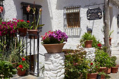 Capileira, Andalucia, İspanya - 29 Mayıs 2019: Capileira İspanya caddesinde birçok çiçek saksısı.