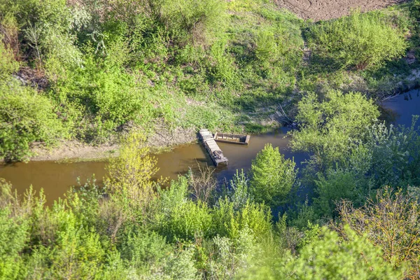 aerial view of little river and green trees 