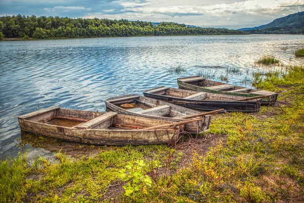 Vieux Bateaux Bois Amarrés Sur Rivage — Photo