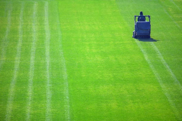 Mowing green grass on the football stadium