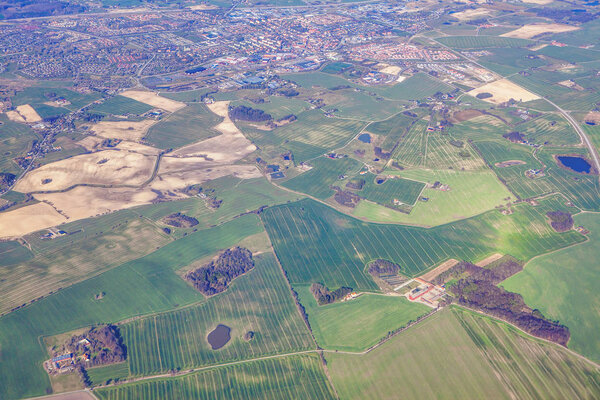 aerial view of green fields in the spring 