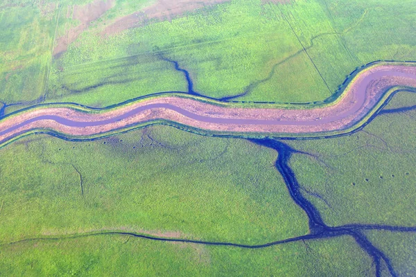 Nehir Kıvrımlı Yeşil Alanların Havadan Görünümü — Stok fotoğraf