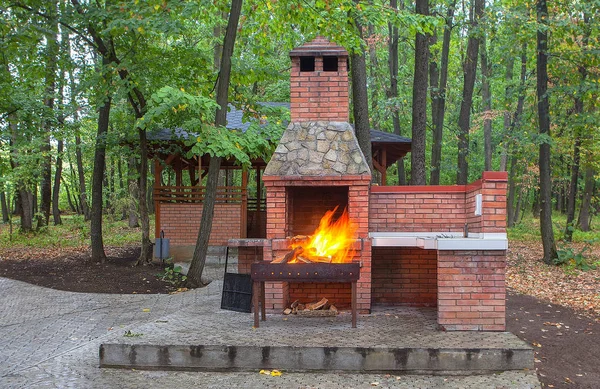 Brandhout Verbranding Rode Bakstenen Oven — Stockfoto