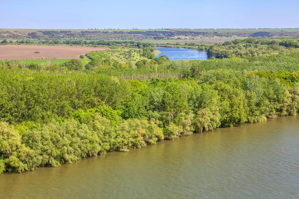 Vista Aérea Naturaleza Primaveral Con Bosque Verde Río — Foto de Stock