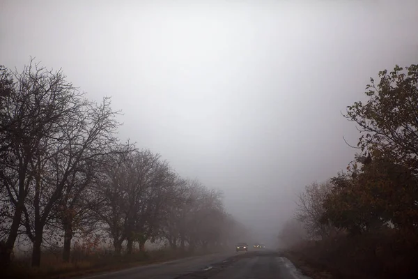 Niebla Sobre Carretera Con Coches — Foto de Stock