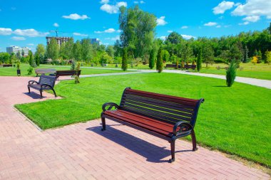 Bahar parkındaki banklar, güneşli bir günde boş park, yeşil çimenli çayır. 