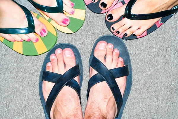 Male Female Feet Beach Slippers — Stock Photo, Image
