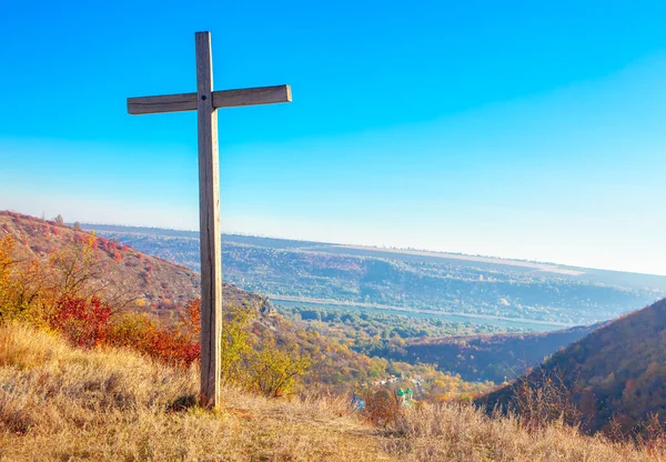 Christian Wooden Cross Hill Top Religieus Symbool Van Het Christendom — Stockfoto