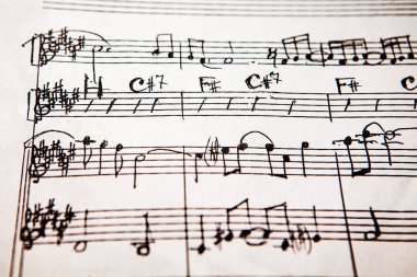 El yazısıyla bestelenmiş. Müzik eserlerinin notaları. Kağıt müzik ve akordiyon.