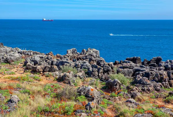 Costa Rocosa Del Océano Atlántico Barcos Vela Horizonte — Foto de Stock