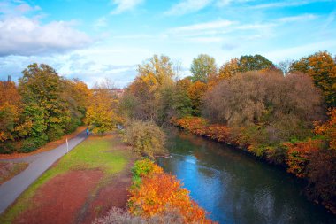River ve Walking Path ile Autumn Park. Küçük Nehir ve Renkli Ağaçlarla Sonbahar Sahnesi