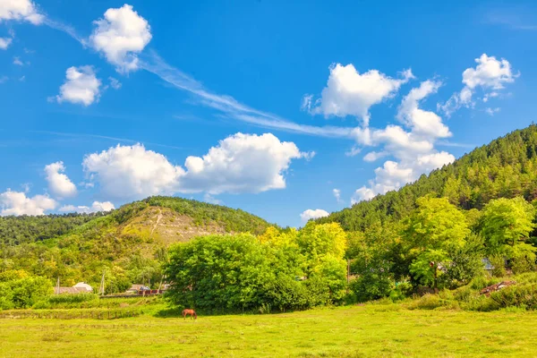 Aldeia Situada Descida Verde Cenário Verão Com Terras Agrícolas — Fotografia de Stock