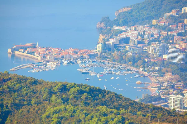 Vista Aérea Luka Budva Desde Montaña Ciudad Costera Popular Montenegro —  Fotos de Stock