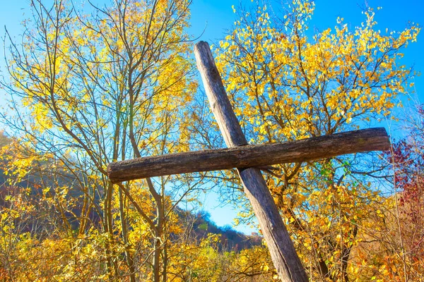 Croce Ortodossa Legno Nella Foresta Autunnale Simbolo Del Cristianesimo — Foto Stock