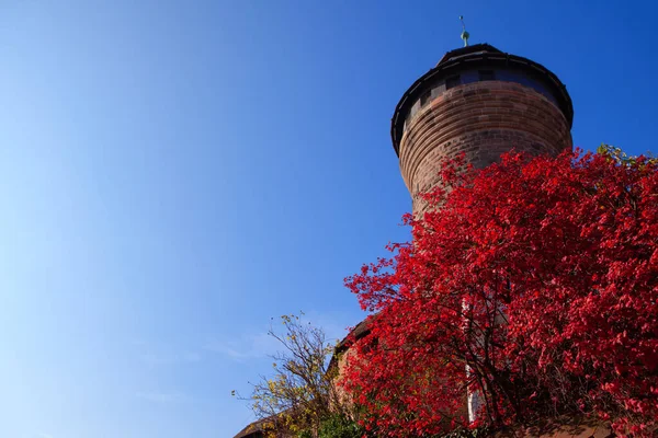 Middeleeuwse Toren Herfst Neurenberg Sinwell Tower Rode Boom Herfstseizoen Oude — Stockfoto