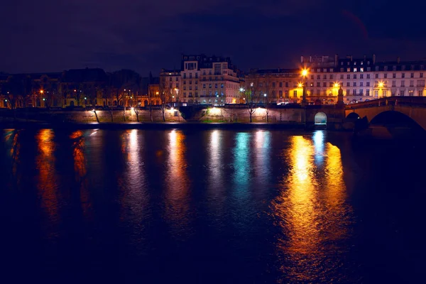 Paris Sena Beira Rio Durante Noite Pont Carrousel Iluminado Durante — Fotografia de Stock