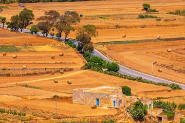 Altın tarlalar ve Maltese kırsalındaki dolambaçlı yol saman balyalarıyla benekli. Serene Akdeniz manzarası zamansız kırsal güzelliği ve büyüleyici mimari cazibesini yakalıyor.