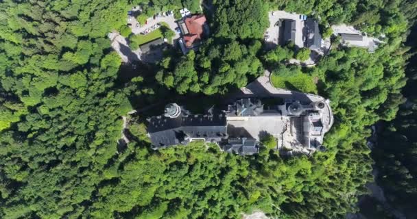 Luchtfoto van kasteel Neuschwanstein op groene zomer landschap. Duitsland — Stockvideo