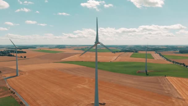 Letecký pohled na větrné turbíny a větrné gernerators v pohybu na léta den nad plodiny pšenice s s velkým otevřeným nebem — Stock video