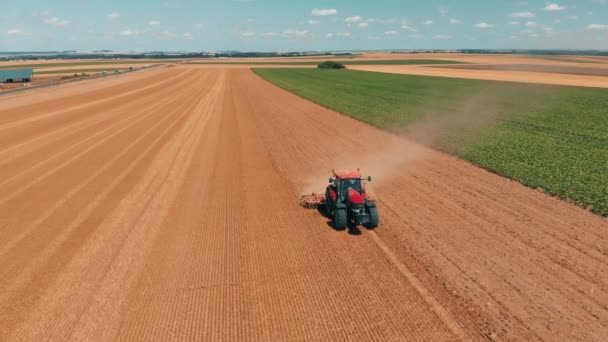 Aerial drone view of red tracor working in wheat field. Agriculture and environment in European Union. — Stock Video