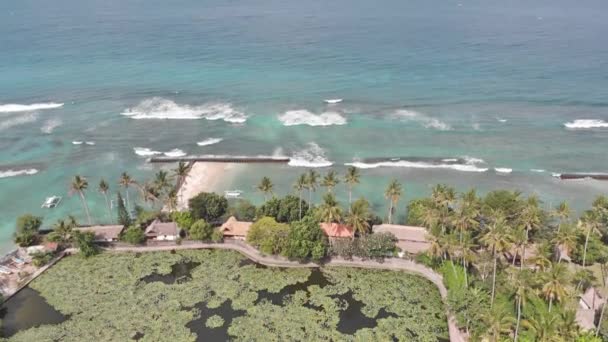 Imágenes aéreas: Volando por encima de la isla tropical de la costa de Bali, pueblo local y resorts hacia un océano con olas, palmeras, arena gris y acantilados. 4K — Vídeos de Stock
