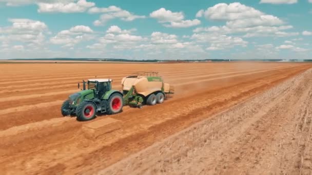 Vista aérea voando sobre o campo de trigo e combinar trator colheitadeira com reboque que faz pilhas de trigo no dia de verão 4K . — Vídeo de Stock