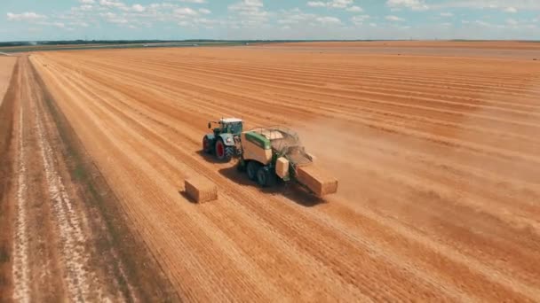 JUSSEY, FRANCIA - 02 / 08 / 2018: Vista aérea volando sobre el campo de trigo y combinar tractor cosechadora con remolque que hace pilas de trigo en los veranos día 4K . — Vídeo de stock