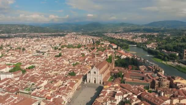 Florence aerial cityscape view on the old town with Santa Croce church and Santa Croce Plazza in Italy. 4K drone vide. — Stock Video