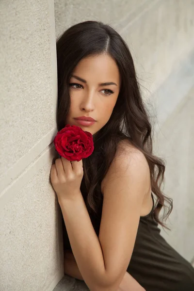 彼女の顔に近いバラを保持している美しい若い女性にもたれかかられて白い壁 屋外のポートレート ストックフォト