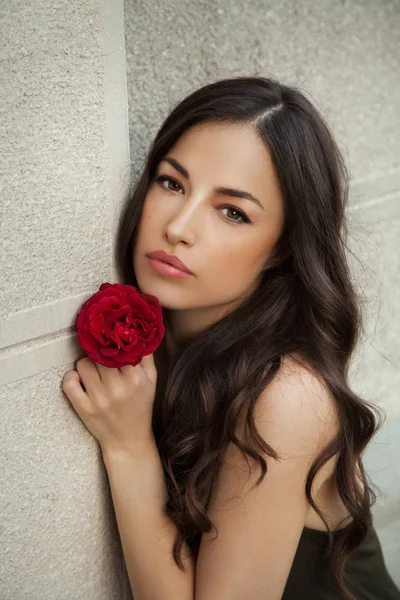 彼女の顔に近いバラを保持している美しい若い女性にもたれかかられて白い壁 屋外のポートレート ロイヤリティフリーのストック画像