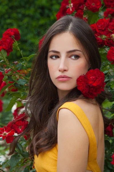 Bela Jovem Entre Rosas Vermelhas Retrato Beleza Jardim Flores Verão — Fotografia de Stock