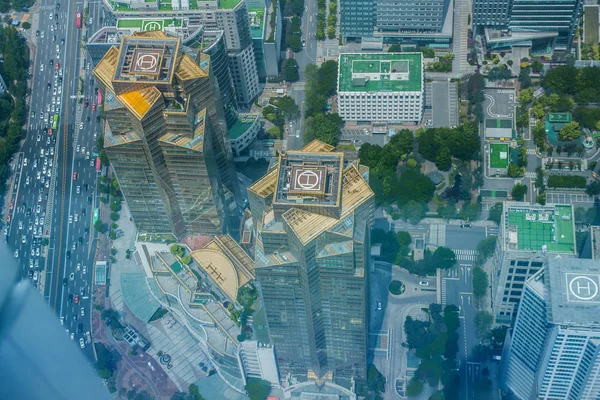 Helicopter parking on the buildingSeoul, South Korea - April 30, 2017 : In Jamsil Lotte World Tower, in Seoul, South Korea. high-angle view of Helicopter parking on the building