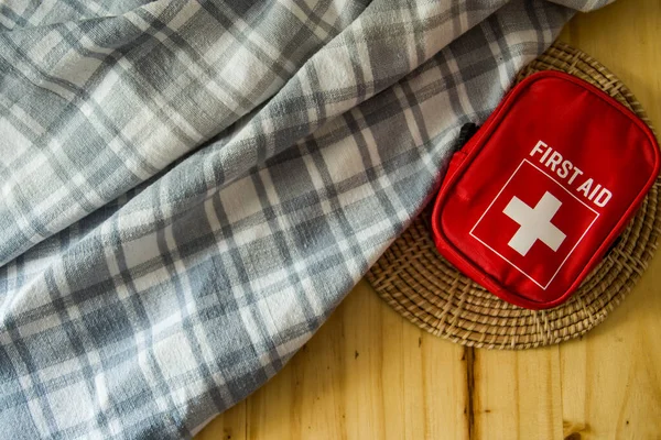 First Aid Kit Bag Wooden Background — Stock Photo, Image