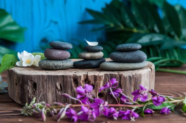 Gri Zen taşlarından piramitler, güzel taze beyaz çiçekler, ahşap arka planda yeşil yapraklar. Uyum kavramı, denge ve meditasyon, spa, masaj, rahatlama