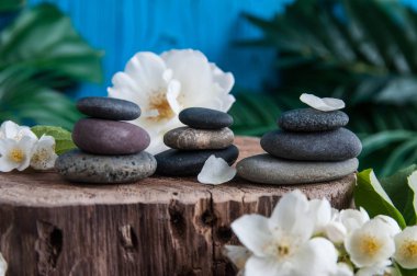 Gri Zen taşlarından piramitler, güzel taze beyaz çiçekler, ahşap arka planda yeşil yapraklar. Uyum kavramı, denge ve meditasyon, spa, masaj, rahatlama
