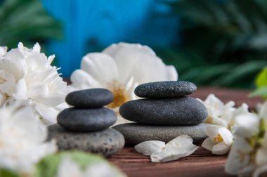 Gri Zen taşlarından piramitler, güzel taze beyaz çiçekler, ahşap arka planda yeşil yapraklar. Uyum kavramı, denge ve meditasyon, spa, masaj, rahatlama