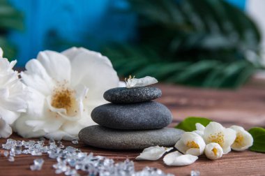 Gri Zen taşlarından piramitler, güzel taze beyaz çiçekler, ahşap arka planda yeşil yapraklar. Uyum kavramı, denge ve meditasyon, spa, masaj, rahatlama
