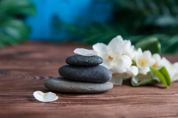 Pyramids of gray zen stones with beautiful fresh white flowers green leaves on wooden background. Concept of harmony, balance and meditation, spa, massage, relax
