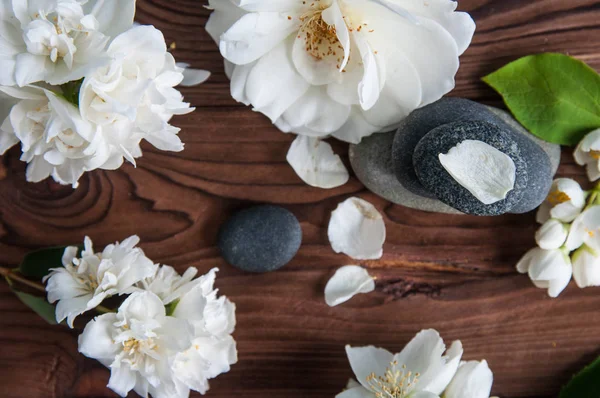 Gri Zen taşlarından piramitler, güzel taze beyaz çiçekler, ahşap arka planda yeşil yapraklar. Uyum kavramı, denge ve meditasyon, spa, masaj, rahatlama