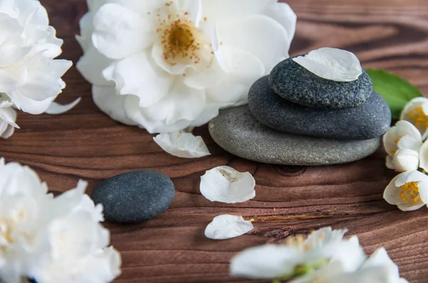 Gri Zen taşlarından piramitler, güzel taze beyaz çiçekler, ahşap arka planda yeşil yapraklar. Uyum kavramı, denge ve meditasyon, spa, masaj, rahatlama