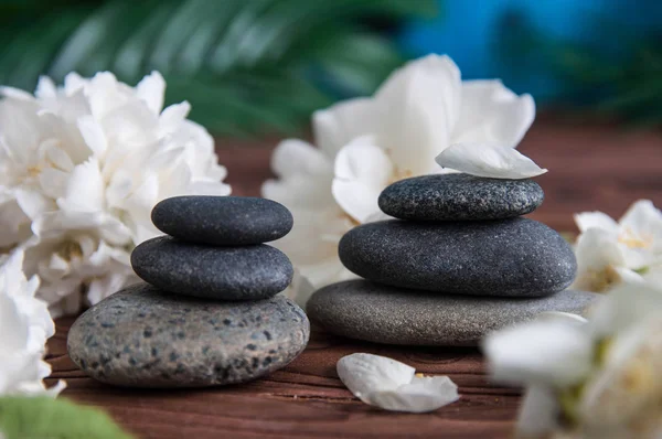 Pyramids of gray zen stones with beautiful fresh white flowers green leaves on wooden background. Concept of harmony, balance and meditation, spa, massage, relax