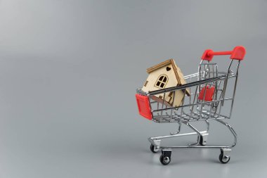Ev almak, bina onarımı ve ipotek konsepti. Tahmini gayrimenkul, kredi parası ve bankacılık. Gri arka planda alışveriş arabasında bir ev.