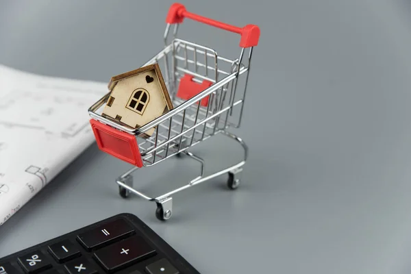 Buying a house, building repair and mortgage concept. Estimation real estate property with loan money and banking. House in shopping cart on grey background.