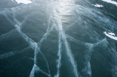 Buz dokusu yakın plan. Sibirya 'daki donmuş Baykal Gölü. Hava ve metan baloncukları ile güzel kırılmış buz. 