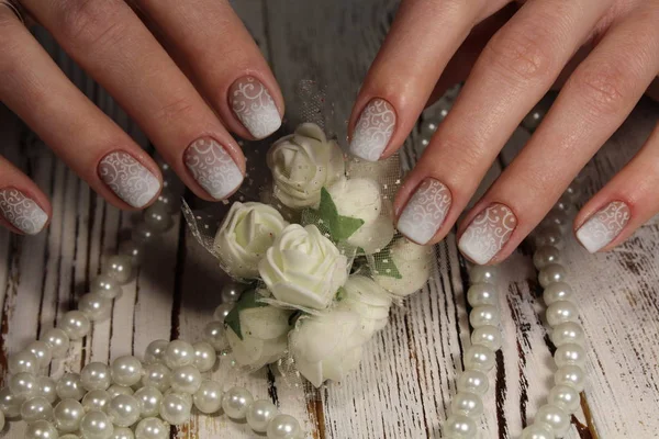 French Wedding Manicure Flowers Beads — Stock Photo, Image