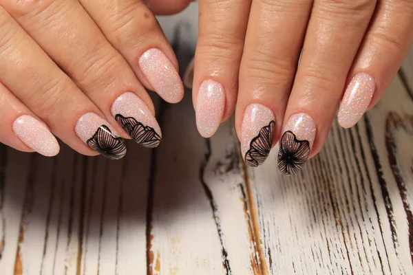 Fashionable Beige Manicure Silver Pattern Design — Stock Photo, Image