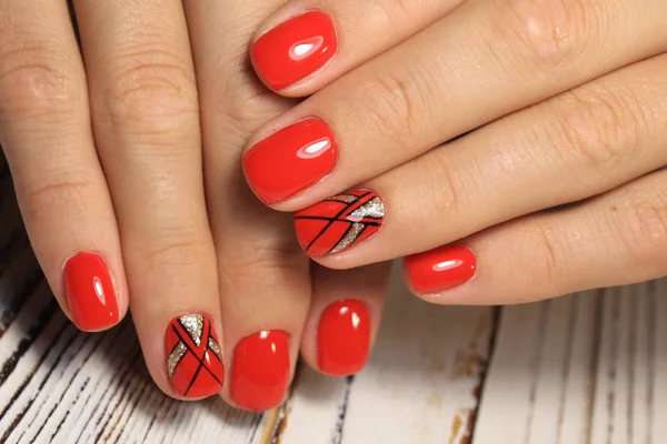 Mooie Rode Manicure Van Nagels Achtergrond Van Modieuze Textuur — Stockfoto